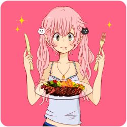 Rule 34 | 1girl, bare shoulders, beef, food, fork, green eyes, hungry, jewelry, knife, koneko mari, necklace, pink hair, saliva, simple background, solo, source request, twintails