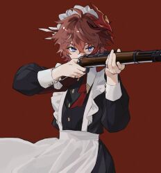 Rule 34 | 1boy, absurdres, alternate costume, apron, arms up, black dress, blue eyes, bow, bowtie, buttons, collared dress, covered mouth, crossdressing, crossed bangs, dress, earrings, enmaided, fingernails, frills, genshin impact, gun, hair between eyes, highres, holding, holding gun, holding weapon, huge weapon, jewelry, long sleeves, looking to the side, maid, maid headdress, male focus, mask, mask on head, mgrnov11, orange hair, puffy long sleeves, puffy sleeves, red background, red bow, red bowtie, red mask, ring, short hair, simple background, single earring, solo, standing, tartaglia (genshin impact), v-shaped eyebrows, weapon, white apron