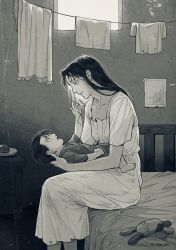 Rule 34 | 1boy, 1girl, aged down, bare arms, barefoot, bed, bedroom, breasts, chiamo (lmc clm), child, day, dress, eye contact, feet out of frame, greyscale, happy, highres, indoors, kuchel ackerman, laundry, levi (shingeki no kyojin), long hair, looking at another, lying, lying on lap, monochrome, mother and son, on back, on bed, open mouth, outstretched arm, photo (object), profile, reaching, shingeki no kyojin, short hair, short sleeves, sitting, smile, stuffed animal, stuffed rabbit, stuffed toy, table, torn clothes, twitter username, window