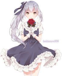 Rule 34 | alternate costume, artist name, black dress, black ribbon, brown eyes, commentary request, cowboy shot, dress, flower, frilled dress, frilled gloves, frills, gloves, grey hair, hair ribbon, highres, holding, holding flower, holding rose, kantai collection, kasumi (kancolle), kukimaru, long hair, looking at viewer, ribbon, rose, side ponytail, simple background, solo, white background, white gloves