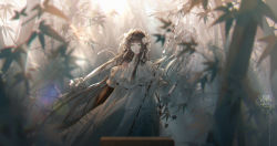 Rule 34 | 1girl, bare shoulders, blurry, blurry background, blurry foreground, brown hair, closed mouth, commentary request, crying, crying with eyes open, day, depth of field, dress, elbow gloves, gloves, green eyes, holding, long hair, looking at viewer, miemia, original, outdoors, solo, sunlight, tears, translation request, tree, very long hair, white dress, white gloves