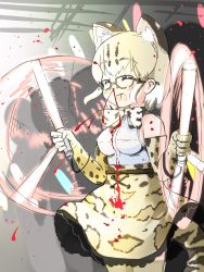 Rule 34 | 1girl, ^ ^, afterimage, animal ear fluff, animal ears, audience, belt, blonde hair, blood, blood on clothes, bow, bowtie, brown hair, cat ears, cat girl, cat tail, closed eyes, cowboy shot, crowd, elbow gloves, extra ears, glasses, gloves, glowstick, hands up, high-waist skirt, highres, holding, kemono friends, margay (kemono friends), margay print, medium hair, miniskirt, motion blur, multicolored hair, nosebleed, open mouth, print bow, print bowtie, print gloves, print legwear, print skirt, shirt, sidelocks, skirt, sleeveless, sleeveless shirt, smile, solo focus, spinning, splashing, tail, thighhighs, wanwan (wanwan ag), white shirt, zettai ryouiki