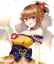 Rule 34 | 1girl, artist request, brown hair, cocktail glass, cup, dress, drinking glass, flower, girls&#039; frontline, grizzly mkv (girls&#039; frontline), grizzly mkv (starry night ball) (girls&#039; frontline), hair flower, hair ornament, hair ribbon, official alternate costume, purple eyes, ribbon, solo, strapless, strapless dress, yellow dress