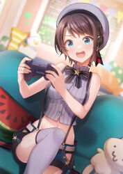Rule 34 | 1girl, :d, back bow, black bow, black bowtie, blue eyes, blue shorts, blush, bow, bowtie, braid, brooch, brown hair, character doll, controller, cropped shirt, dualshock, french braid, game controller, gamepad, grey hat, grey shirt, grey thighhighs, hair ornament, hairclip, hat, high collar, highres, hip vent, holding, holding controller, holding game controller, hololive, indoors, jewelry, koto (colorcube), lace, lace-trimmed panties, lace trim, looking at viewer, official alternate costume, oozora subaru, oozora subaru (work), open mouth, panties, panty peek, playstation controller, sailor hat, shirt, short hair, shorts, side braid, sitting, sleeveless, sleeveless shirt, smile, solo, star (symbol), star brooch, star hair ornament, striped clothes, striped shirt, stuffed animal, stuffed dog, stuffed toy, subaru duck, suspenders, swept bangs, thighhighs, underwear, v-shaped eyebrows, vertical-striped clothes, vertical-striped shirt, virtual youtuber