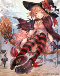 Rule 34 | 2girls, ^ ^, bike shorts, black dress, black footwear, black gloves, blonde hair, blush, bow, breasts, broom, broom riding, brown hair, cape, cleavage, closed eyes, company name, compass, dress, eikou no guardian battle, fang, flying, fur-trimmed gloves, fur trim, gloves, grin, hat, hat bow, hat ribbon, high heels, highres, long hair, madogawa, medium breasts, multiple girls, official art, pink dress, pink hair, purple shorts, red ribbon, ribbon, shoes, short dress, short hair, shorts, shorts under dress, sitting, sleeveless, sleeveless dress, smile, solo focus, star (symbol), striped clothes, striped legwear, striped thighhighs, teeth, thighhighs, walking, watermark, waving, witch, witch hat