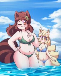 Rule 34 | 2girls, :3, :o, animal ears, belly, bikini, bikini day, blonde hair, blush, breasts, brown eyes, brown hair, curvy, eyebrows hidden by hair, eyelashes, fox ears, fox girl, fox tail, futatsuiwa mamizou, hand on own hip, highres, leaf, leaf on head, littlecloudie, long hair, looking at another, looking at viewer, medium breasts, multiple girls, multiple tails, navel, one eye closed, outdoors, partially submerged, plump, raccoon ears, raccoon girl, raccoon tail, short hair, sky, swimsuit, tail, tanuki, touhou, water, wide hips, yakumo ran, yellow eyes