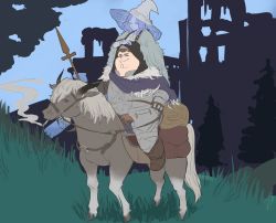 Rule 34 | 1boy, 1girl, absurdres, armor, blue hair, blue skin, breastplate, brown hair, carrying, cleft chin, cloak, colored skin, crossover, elden ring, family guy, fur cloak, gauntlets, grass, green eyes, hat, highres, holding, holding polearm, holding reins, holding weapon, kowai (iamkowai), looking at viewer, outdoors, peter griffin, polearm, ranni the witch, reins, shoulder carry, smile, spear, torrent (elden ring), weapon, witch hat