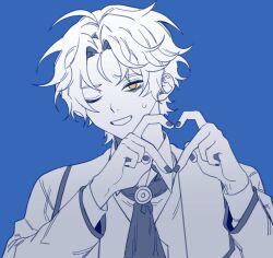 Rule 34 | 1boy, 3cnfw, ascot, blue nails, blue theme, chesed (project moon), coat, collared shirt, heart, heart hands, highres, lobotomy corporation, long sleeves, male focus, monochrome, one eye closed, open mouth, parted bangs, project moon, shirt, smile, solo, spot color, sweat, vest, yellow eyes