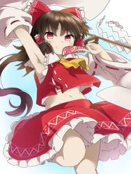 Rule 34 | 1girl, armpits, ascot, blue background, bow, brown hair, closed mouth, detached sleeves, frilled skirt, frills, gohei, hair bow, hair tubes, hakurei reimu, highres, holding, long hair, looking at viewer, navel, nontraditional miko, ofuda, red bow, red eyes, red shirt, red skirt, ribbon-trimmed sleeves, ribbon trim, sarashi, shide, shirt, skirt, smile, solo, standing, standing on one leg, touhou, tyouseki, v-shaped eyebrows, wide sleeves, yellow ascot