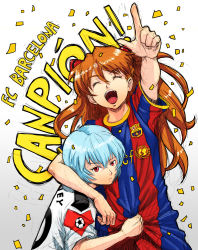 Rule 34 | 2010-2011 uefa champions&#039; league, 2girls, ayanami rei, barclays premier league, blue hair, boyaking, brown hair, closed eyes, clothes writing, face, fc barcelona, foreshortening, long hair, manchester united, md5 mismatch, multiple girls, neon genesis evangelion, open mouth, pointing, ranguage, red eyes, short hair, sketch, soccer, soccer uniform, souryuu asuka langley, spanish text, sportswear, uefa champions league