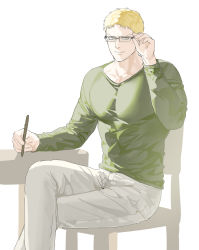 Rule 34 | 1boy, bara, bespectacled, blonde hair, covered abs, crossed legs, cute potato (cute potato ner), feet out of frame, glasses, green shirt, highres, holding, large pectorals, long sleeves, looking at viewer, male focus, muscular, muscular male, pants, pectorals, pencil, reiner braun, shingeki no kyojin, shirt, short hair, smile, solo, tight clothes, tight shirt, white background, white pants