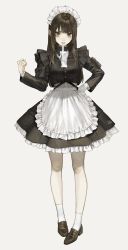 Rule 34 | 1girl, absurdres, angry, apron, black dress, boots, brown eyes, clenched hand, dress, ear piercing, frills, full body, gloves, unworn gloves, grey background, hand on own hip, highres, long sleeves, maid, maid apron, maid headdress, middle finger, mole, mole under eye, original, piercing, puffy sleeves, sakauchi waka, signature, simple background, socks, solo, standing, straight hair, white gloves, white socks