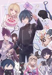 Rule 34 | 4boys, :d, ;d, ahoge, akamatsu kaede, barbed wire, black choker, black hair, black hat, black jacket, black skirt, brown eyes, bug, butterfly, checkered neckerchief, choker, confetti, danganronpa (series), danganronpa v3: killing harmony, fu ga (vivi912912), grey jacket, grin, harukawa maki, hat, highres, holding, insect, iruma miu, jacket, low twintails, momota kaito, monokuma, multiple boys, neckerchief, necktie, oma kokichi, one eye closed, open clothes, open mouth, open shirt, pink shirt, print shirt, red shirt, saihara shuichi, sailor collar, shirt, short hair, skirt, smile, striped clothes, striped jacket, striped necktie, teeth, thumbs up, twintails, white sailor collar