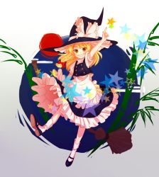 Rule 34 | 1girl, apron, bamboo, black dress, black footwear, black vest, blonde hair, bow, braid, broom, buttons, commentary, dress, hair bow, hat, hat ribbon, highres, iyoui (dahi n), kirisame marisa, mary janes, pointing, puffy short sleeves, puffy sleeves, ribbon, shoes, short sleeves, smile, socks, star (symbol), touhou, vest, waist apron, witch hat, yellow eyes