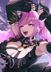 Rule 34 | 1girl, :d, armpits, arms up, black dress, black flower, black gloves, black horns, braid, breasts, cleavage, commentary request, criss-cross halter, crown, detached sleeves, dress, fingerless gloves, flower, gloves, hair ornament, halterneck, highres, horns, ice reizou, large breasts, long hair, looking at viewer, master detective archives: rain code, nail polish, one eye closed, open mouth, pink eyes, pink hair, purple nails, ribbon, shinigami (rain code), smile, solo, teeth, twin braids, upper body, upper teeth only, white ribbon
