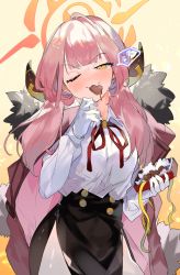 Rule 34 | 1girl, aano (10bit), aru (blue archive), black skirt, blue archive, blush, box, breasts, candy, chocolate, chocolate heart, embarrassed, food, fur trim, gift, gift box, gloves, heart, highres, horns, long hair, long sleeves, looking at viewer, neck ribbon, pink hair, red ribbon, ribbon, shirt, skirt, smile, solo, sound effects, speech bubble, tears, white shirt, yellow eyes