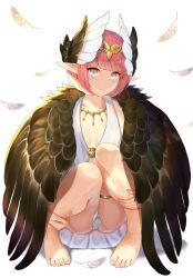 Rule 34 | 1girl, backlighting, barefoot, black wings, bob cut, bracelet, circe (fate), fate/grand order, fate (series), feathered wings, feathers, gold trim, head wings, highres, jewelry, komainu (yamaha1997), looking at viewer, pink eyes, pink hair, pointy ears, short hair, simple background, sitting, smile, solo, thighlet, tiara, vest, winged hair ornament, wings