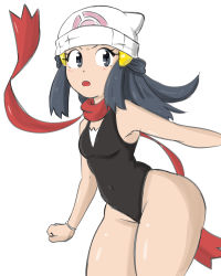 Rule 34 | 1girl, :o, absurdres, ass, bare legs, bare shoulders, black leotard, blue eyes, blue hair, breasts, collarbone, covered navel, creatures (company), curvy, dawn (pokemon), game freak, hair ornament, hat, highleg, highleg leotard, highres, huge ass, leotard, long hair, looking at viewer, nintendo, pokemon, pokemon dppt, protoscene, scarf, simple background, sleeveless, solo, thick thighs, thighs, watch, white background, wide hips, wristwatch