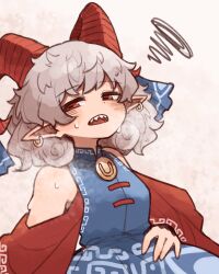 Rule 34 | 1girl, blue dress, blue ribbon, blush, curled horns, dress, earrings, grey hair, highres, horn ornament, horn ribbon, horns, jewelry, kaginoni, looking at viewer, open mouth, pointy ears, red eyes, red horns, red sleeves, ribbon, sharp teeth, sheep horns, short hair, solo, squiggle, teeth, touhou, toutetsu yuuma, upper body