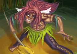Rule 34 | 1boy, abs, barefoot, blue eyes, calgara, facial mark, fighting stance, grass skirt, long hair, male focus, muscular, one piece, outdoors, pink hair, plant, polearm, solo, spear, tattoo, weapon, wings