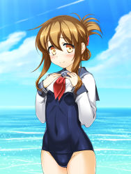 Rule 34 | 1girl, anchor symbol, blue one-piece swimsuit, blue sailor collar, blue sky, brown hair, clothes lift, cloud, covered navel, cowboy shot, day, folded ponytail, hair between eyes, highres, inazuma (kancolle), kantai collection, long hair, looking at viewer, neckerchief, no pants, ocean, one-piece swimsuit, outdoors, red neckerchief, saburou (minami makoto), sailor collar, school swimsuit, school uniform, serafuku, shirt lift, sky, solo, swimsuit, swimsuit under clothes