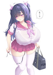 Rule 34 | 1girl, bag, black bra, black hair, blush, bra, bra visible through clothes, bralines, breasts, commentary request, curvy, hair ribbon, highres, huge breasts, long hair, lv 249, oppai loli, original, panties, parted lips, pleated skirt, purple eyes, red sailor collar, red skirt, ribbon, sailor collar, school bag, school uniform, see-through, serafuku, shirt, side-tie panties, skirt, solo, speech bubble, standing, thick thighs, thighhighs, thighs, twintails, underwear, untied panties, wet, wet clothes, wet shirt, white background, white shirt, wide hips