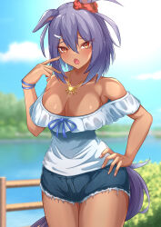 Rule 34 | 1girl, absurdres, animal ears, bare shoulders, blue ribbon, blue shirt, blue sky, blurry, blurry background, breasts, cleavage, cloud, commentary request, cowboy shot, cutoffs, day, denim, denim shorts, eve on k, fang, hair between eyes, hand on own hip, hand up, highres, hishi amazon (umamusume), horse ears, jewelry, large breasts, looking at viewer, necklace, off-shoulder shirt, off shoulder, open mouth, orange eyes, outdoors, purple hair, ribbon, shirt, short hair, short shorts, short sleeves, shorts, sky, solo, standing, tail, thighs, umamusume