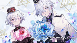 Rule 34 | 1boy, 1girl, balloon, black gloves, black headwear, blue flower, blue rose, bouquet, braid, brother and sister, dragalia lost, flower, gloves, hair over one eye, holding, holding bouquet, laxi (dragalia lost), long sleeves, looking at viewer, mascula (dragalia lost), official art, petals, purple eyes, red flower, red rose, rose, short hair, siblings, sleeveless, smile, white hair