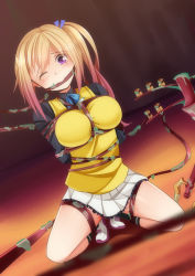 Rule 34 | 10s, 1girl, arms behind back, bdsm, blonde hair, blush, bondage, bound, breasts, covered mouth, gag, gradient hair, highres, kawakami mai, large breasts, mole, mole under eye, multicolored hair, musaigen no phantom world, purple eyes, restrained, shibari, shoes, side ponytail, skirt, slime (substance), sneakers, solo, white skirt, wince, yasume yukito