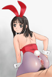 Rule 34 | animal ears, ass, bare shoulders, brown eyes, brown hair, buttjob, buttjob over clothes, censored, clothed female nude male, cum, cum on ass, cum on clothes, ejaculation, fake animal ears, highres, huge ass, leotard, looking back, nude, orange brand, pantyhose, penis, playboy bunny, pubic hair, purple legwear, rabbit ears, rabbit tail, tail, wrist cuffs