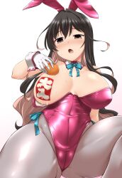 Rule 34 | 1girl, animal ears, black hair, blush, breasts, detached collar, fake animal ears, fang, food, fruit, gloves, grey pantyhose, hair between eyes, highres, kantai collection, lactation, large breasts, leotard, long hair, mandarin orange, multicolored hair, naganami (kancolle), open mouth, pantyhose, pink hair, pink leotard, rabbit ears, simple background, solo, strapless, strapless leotard, translated, white background, white gloves, wrist cuffs, yellow eyes, yoshi tama