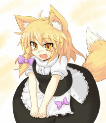 Rule 34 | 1girl, :d, ahoge, animal ears, apron, blonde hair, bow, braid, cosplay, fang, fox ears, fox tail, kibisake, kirisame marisa, kirisame marisa (cosplay), open mouth, s katsuo, side braid, smile, solo, tail, touhou, yellow eyes, youkai fox (touhou), youkai fox (wild and horned hermit)