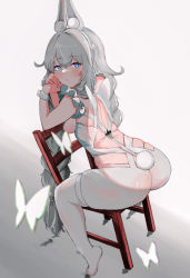 Rule 34 | 1girl, absurdres, animal ear fluff, animal ears, ass, azur lane, braid, bug, butterfly, chair, closed mouth, frills, from side, full body, hands up, highres, insect, le malin (azur lane), le malin (listless lapin) (azur lane), leotard, long hair, looking at viewer, looking to the side, official alternate costume, on chair, panda ring, pantyhose, rabbit ears, rabbit tail, sidelocks, simple background, sitting, skindentation, sleeveless, solo, tail, thigh strap, twin braids, twintails, white leotard, white pantyhose
