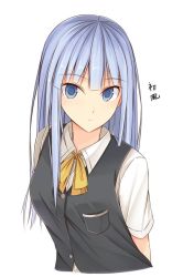 Rule 34 | 10s, 1girl, bad id, bad twitter id, blue eyes, blue hair, blush, bow, bowtie, character name, hatsukaze (kancolle), hime cut, kanpyo (hghgkenfany), kantai collection, long hair, looking at viewer, matching hair/eyes, school uniform, solo, upper body, white background