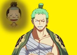 Rule 34 | 2boys, bandaged arm, bandaged chest, bandages, black eyes, blush, bryanfavr, commentary, crossed arms, earrings, english commentary, green hair, high ponytail, highres, japanese clothes, jewelry, kouzuki momonosuke, looking at viewer, male focus, multiple boys, one eye closed, one piece, open mouth, ponytail, roronoa zoro, scar, scar across eye, scar on face, short hair, single earring, smile, teeth, topknot, yellow background