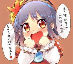 Rule 34 | 1girl, blue hair, blush, commentary, hair ornament, hands up, highres, leaf hair ornament, looking at viewer, mirror, open mouth, red eyes, red shirt, shirt, short hair, simple background, solo, tatuhiro, touhou, translation request, upper body, white shirt, yasaka kanako, aged down