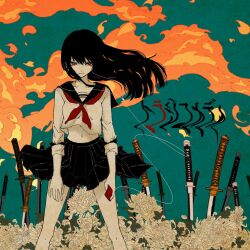 Rule 34 | 1girl, album cover, aqua background, black hair, black skirt, blunt ends, closed mouth, collarbone, colored skin, commentary, commentary request, cover, digital media player, distortion, earbuds, earphones, english commentary, feet out of frame, field, field of blades, fire, fire, floating hair, flower, flower field, flower request, half-closed eyes, highres, holding digital media player, katana, legs apart, long hair, looking at viewer, midriff peek, mixed-language commentary, navel, neckerchief, original, planted, planted sword, planted weapon, pleated skirt, red eyes, red neckerchief, school uniform, serafuku, shirt, skirt, sleeves rolled up, smile, solo, sword, translated, tsurime, washiya0, weapon, white flower, white shirt, white skin, wind, wind lift