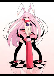 Rule 34 | 1girl, alternate costume, animal ears, arm cannon, belt, bikini, bikini top only, black thighhighs, boots, breasts, cannon, checkered floor, female focus, floor, gradient background, highres, letterboxed, long hair, meneru, navel, pigeon-toed, pink hair, rabbit ears, red eyes, reisen udongein inaba, scarf, skirt, solo, standing, swimsuit, thigh boots, thighhighs, touhou, very long hair, weapon, zettai ryouiki