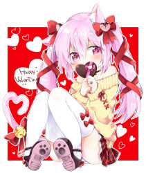 Rule 34 | 1girl, alternate hairstyle, animal ear fluff, animal ears, azur lane, black choker, blush, bow, brown footwear, candy, cat ears, cat girl, cat tail, chocolate, chocolate heart, choker, collarbone, commentary request, covered mouth, food, full body, hair between eyes, hair bow, hair ornament, hair ribbon, happy valentine, heart, heart hair ornament, heart tail, highres, holding, holding food, jewelry, kisaragi (azur lane), long sleeves, off-shoulder, off-shoulder sweater, off shoulder, own hands together, pone, purple eyes, red background, red bow, red ribbon, ribbon, ring, shoe soles, sleeves past wrists, solo, sweater, tail, thighhighs, twintails, two-tone background, white background, white thighhighs, yellow sweater