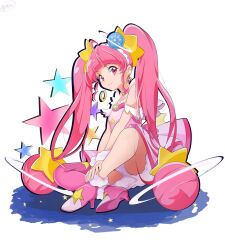 Rule 34 | 1girl, boots, choker, cure star, dress, full body, fur cuffs, hair ornament, high heels, highres, indian style, long hair, looking at viewer, magical girl, mochi curry, pink choker, pink dress, pink eyes, pink hair, pink thighhighs, planet hair ornament, precure, single thighhigh, sitting, smile, solo, star (symbol), star choker, star color pen, star hair ornament, star twinkle precure, thighhighs, twintails, very long hair, white background