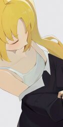 Rule 34 | 1girl, black shirt, blonde hair, bocchi the rock!, bra, breasts, closed eyes, collarbone, commentary, commentary request, grey background, highres, hiroki (yyqw7151), ijichi nijika, long hair, shirt, side ponytail, simple background, small breasts, solo, underwear, undressing, white bra