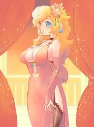 Rule 34 | 1girl, alternate costume, bad id, bad pixiv id, blonde hair, blue eyes, breasts, choker, cleavage, curtains, dress, earrings, elbow gloves, flower, garter belt, garter straps, gem, gloves, hair flower, hair ornament, hand on own chest, jewelry, large breasts, long hair, mario (series), midriff, midriff peek, necklace, nintendo, no bra, no panties, pink dress, porch, princess peach, sideboob, solo, thighhighs, thighs, water drop, zabumaku