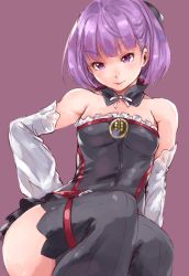 Rule 34 | 1girl, belt, black thighhighs, blush, bow, breasts, denizen tomo, fate/grand order, fate (series), hair bow, helena blavatsky (fate), highres, purple eyes, purple hair, sefirot, self-upload, sleeves past wrists, small breasts, smile, thighhighs