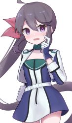 Rule 34 | 1girl, ahoge, akebono (kancolle), bad id, bad twitter id, bell, belt, blue dress, blue gloves, cowboy shot, dress, flower, gloves, hair bell, hair between eyes, hair flower, hair ornament, highres, jacket, jingle bell, kantai collection, long hair, looking at viewer, official alternate costume, purple eyes, purple hair, race queen, side ponytail, simple background, solo, unoi, very long hair, white background, white jacket