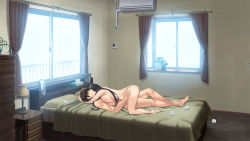 Rule 34 | 1girl, air conditioner, ass, bed, black hair, breast press, breasts, clock, day, exhausted, faceless, faceless male, feet, floor, from side, highres, kazoku ga iede de fuzai no aida, musume no tomodachi to hamemakurimashita, lamp, large breasts, legs, long hair, lying, nakura yumari, nude, on bed, on stomach, original, pillow, plant, sex, sunlight, sweat, thighs, tissue, toes, used tissue, vaginal, window
