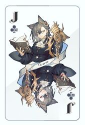 Rule 34 | 1girl, akechi (826988799), animal ears, arknights, ascot, black jacket, black nails, book, breasts, brown hair, character name, extra ears, eyebrow piercing, gauntlets, highres, holding, holding book, jack (playing card), jack of clubs (playing card), jacket, long sleeves, looking at viewer, medium breasts, open book, penance (arknights), piercing, red eyes, upside-down, white ascot, wolf ears, wolf girl, yellow eyes