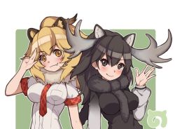 Rule 34 | 10s, 2girls, animal ears, argyle, argyle clothes, argyle necktie, argyle neckwear, black eyes, black hair, blonde hair, blush, breast pocket, breasts, brown eyes, closed mouth, fang, fang out, fur collar, gradient clothes, hand up, impossible clothes, impossible shirt, kemono friends, kugi ta hori taira, lion (kemono friends), lion ears, long hair, long sleeves, looking at viewer, medium breasts, moose (kemono friends), multiple girls, necktie, outline, pocket, puffy long sleeves, puffy sleeves, red neckwear, salute, shirt, short sleeves, smile, tareme, two-finger salute, two-tone background, upper body, v-shaped eyebrows, waving, white outline, white shirt