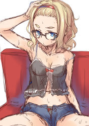 Rule 34 | 1girl, arm up, bad id, bad pixiv id, blonde hair, blue eyes, borrowed character, breasts, cleavage, collarbone, couch, dekomegane, denim, denim shorts, hairband, head tilt, highres, looking at viewer, on couch, open fly, original, short hair, short shorts, shorts, simple background, sitting, sketch, small breasts, solo, spirytus tarou, strap slip, white background
