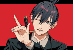 Rule 34 | 1boy, black hair, chainsaw man, ear piercing, formal, fox shadow puppet, hair between eyes, hand gesture, hayakawa aki, highres, katana, letterboxed, looking at viewer, looking to the side, male focus, necktie, one eye closed, piercing, red background, short hair, simple background, solo, suit, sword, topknot, wata i, weapon
