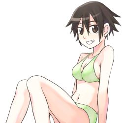 Rule 34 | 1girl, :d, bikini, black background, breasts, brown eyes, brown hair, cleavage, collarbone, green bikini, grin, itami sumihito, knees up, looking at viewer, navel, open mouth, original, simple background, smile, solo, stomach, swimsuit, teeth, transparent background